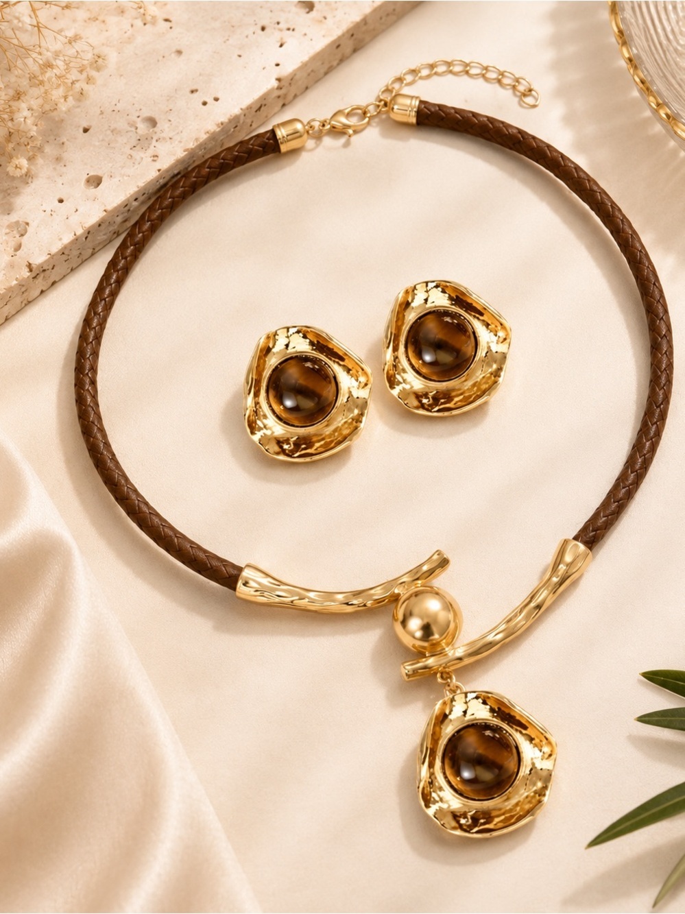 Brown Braided Choker Necklace & Earrings Statement Set - Picture 3 of 5